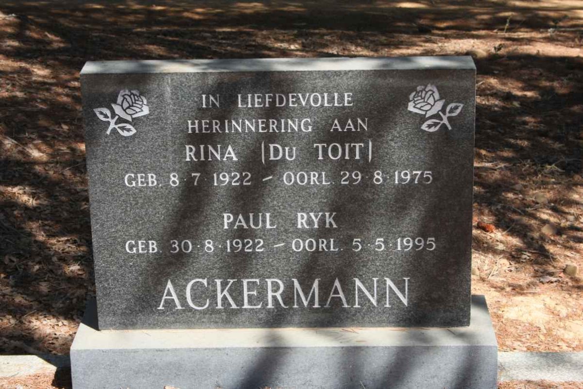 ACKERMANN Paul Ryk 1922-1995 &amp; Rina DU TOIT 1922-1975
