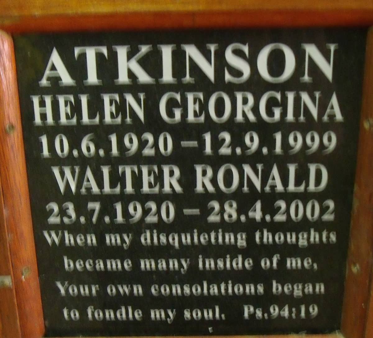 ATKINSON Walter Ronald 1920-2002 &amp; Helen Georgina 1920-1999