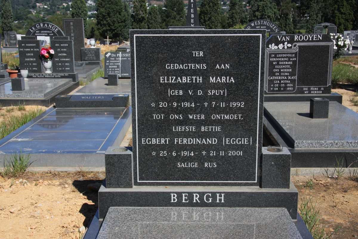 BERGH Egbert Ferdinand 1914-2001 &amp; Elizabeth Maria V.D. SPUY 1914-1992