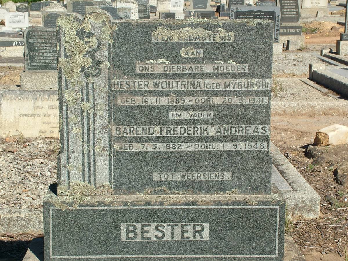 BESTER Barend Frederik Andreas 1882-1948 &amp; Hester Woutrina MYBURGH 1889-1941