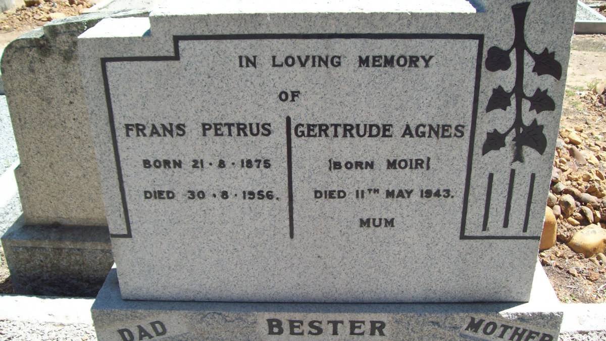 BESTER Frans Petrus 1875-1956 &amp; Gertrude Agnes MOIR -1943