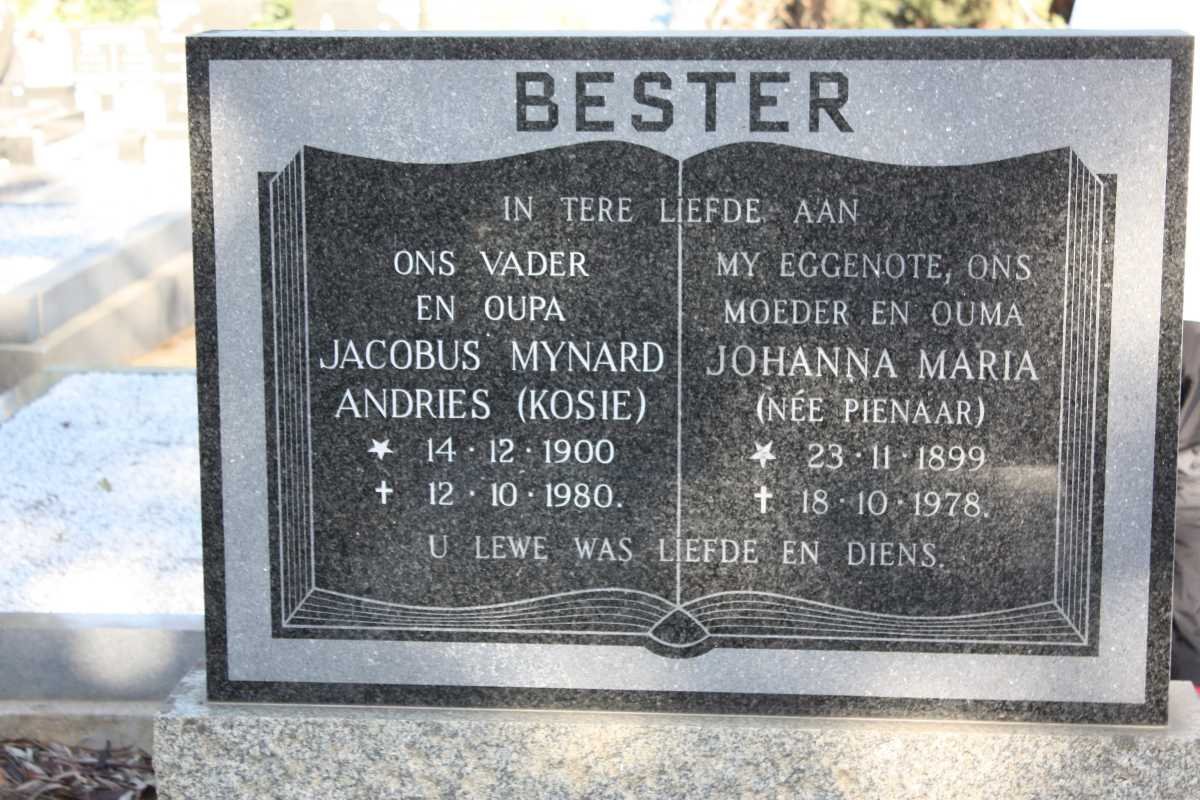 BESTER Jacobus Mynard Andries 1900-1980 &amp; Johanna Maria PIENAAR  1899-1978