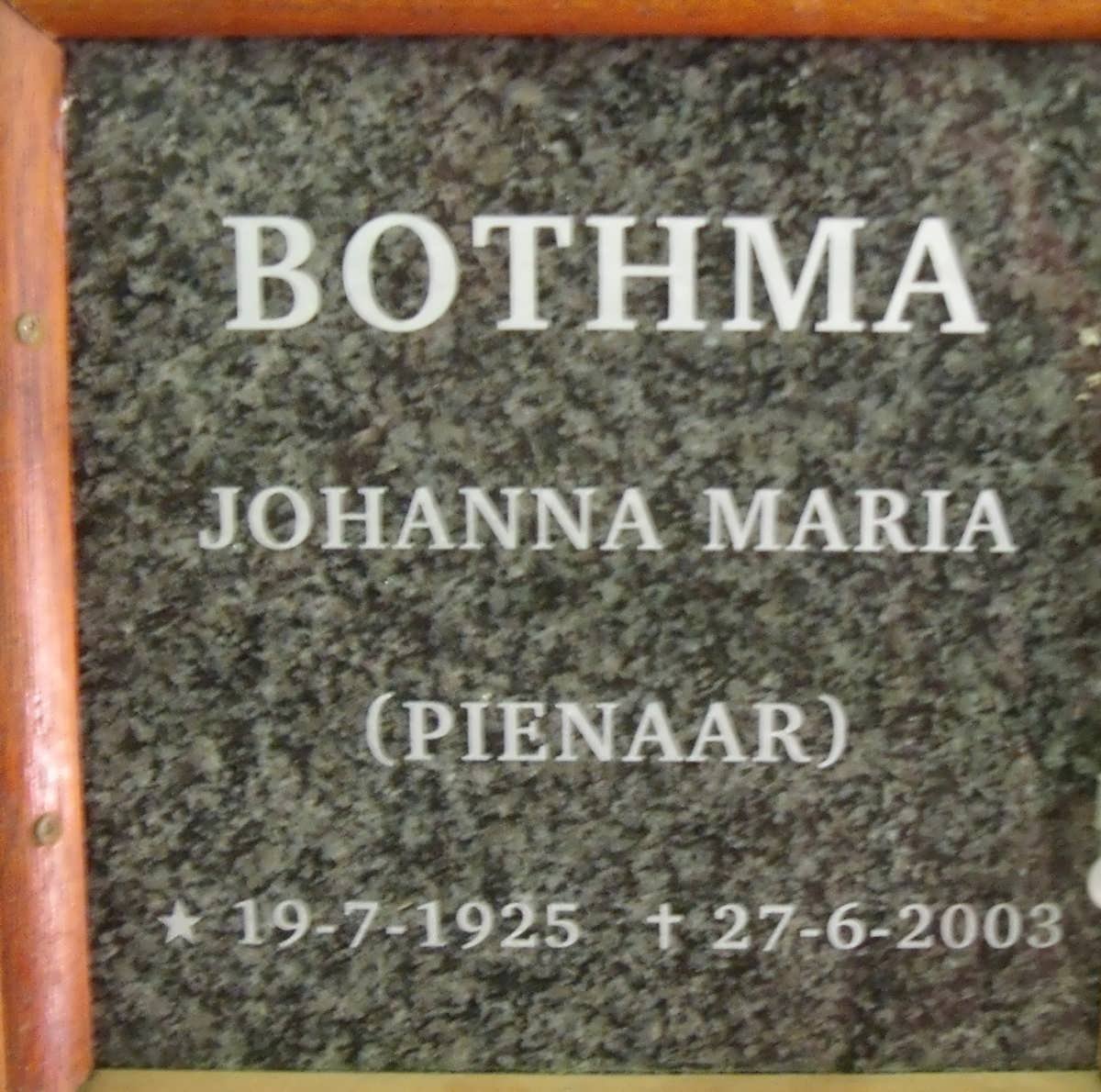 BOTHMA Johanna Maria nee PIENAAR 1925-2003