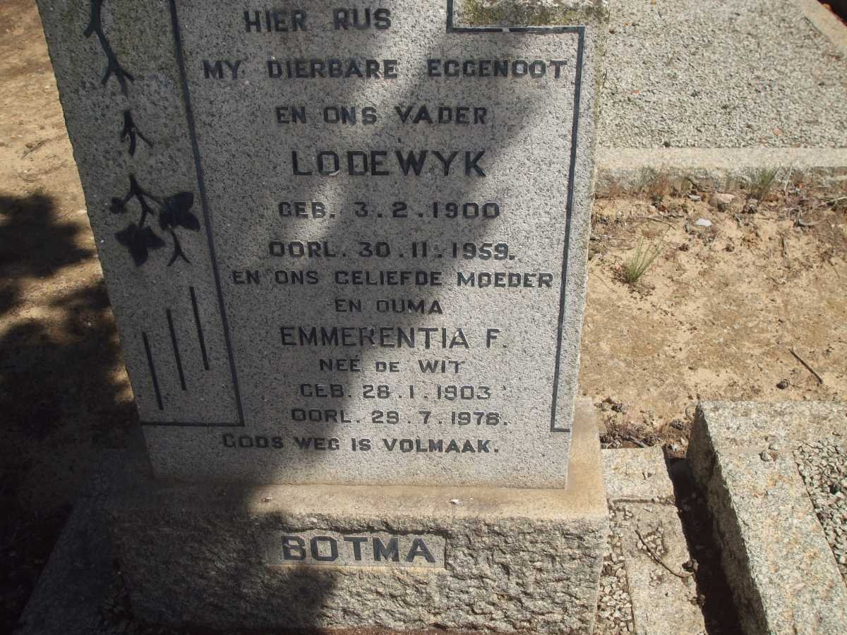BOTMA Lodewyk 1900-1959 &amp; Emmerentia F. DE WIT 1903-1976
