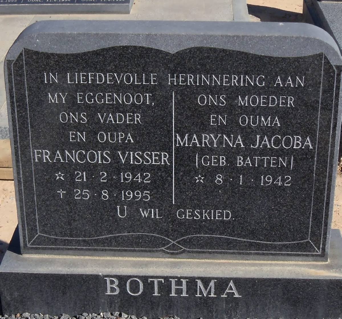 BOTHMA Francois Visser 1942-1995 &amp; Maryna Jacoba BATTEN 1942-