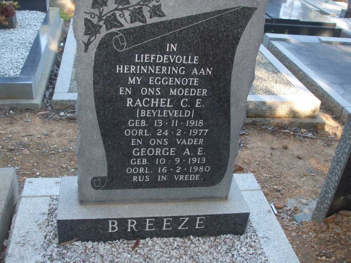 BREEZE George A.E. 1913-1980 &amp; Rachel C.E. BEYLEVELD 1918-1977