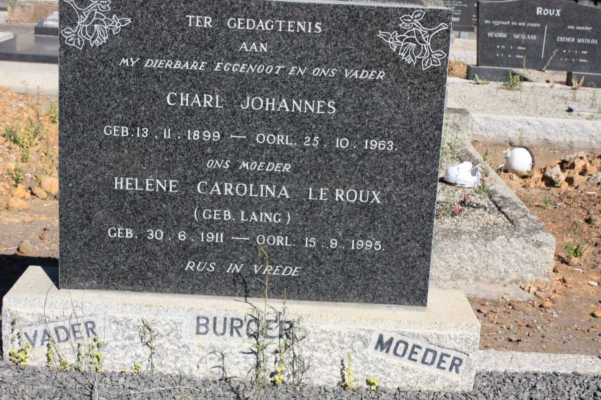 BURGER Charl Johannes 1899-1963 &amp; Helene Carolina Le Roux LAING 1911-1995