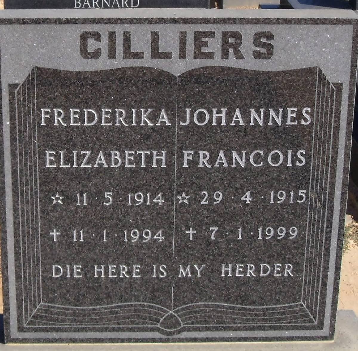 CILLIERS Johannes Fracois 1915-1999 &amp; Frederika Elizabeth 1914-1994