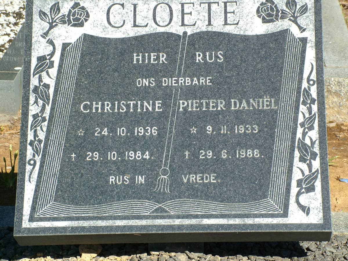 CLOETE Pieter Daniël 1933-1988 &amp; Christine 1936-1984
