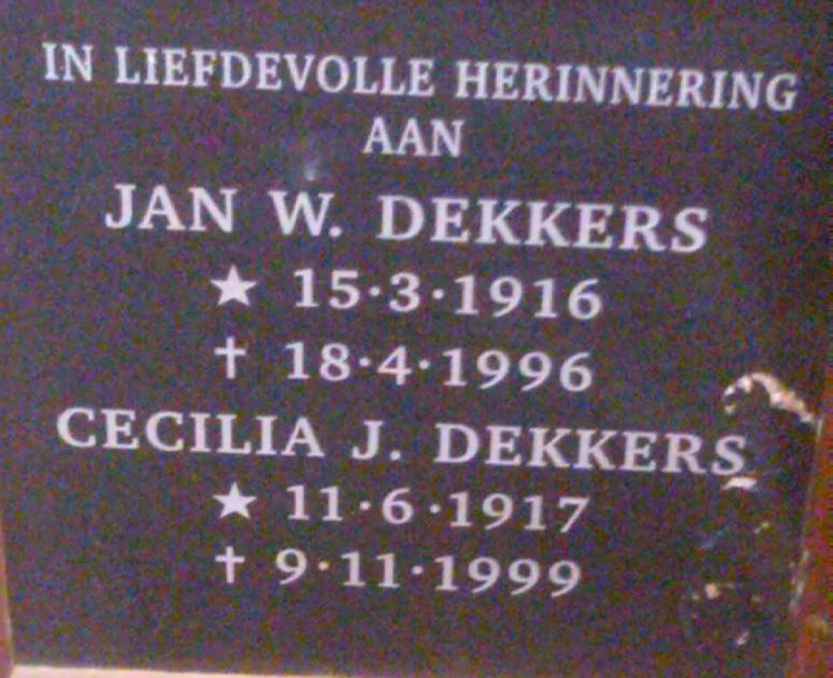 DEKKERS Jan W. 1916-1996 &amp; Cecilia J. 1917-1999