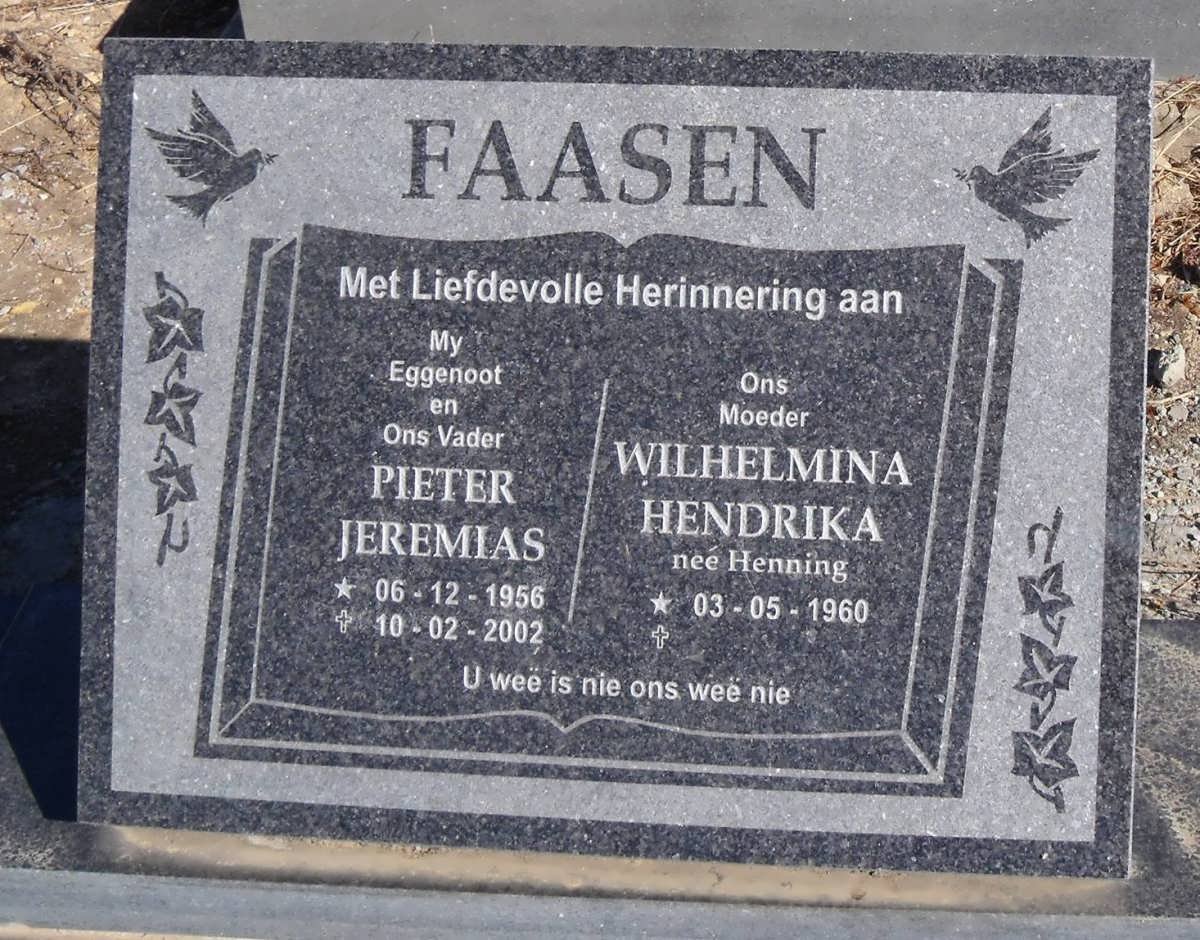 FAASEN Pieter Jeremias 1956-2002 &amp; Wilhelmina Hendrika HENNING 1960-