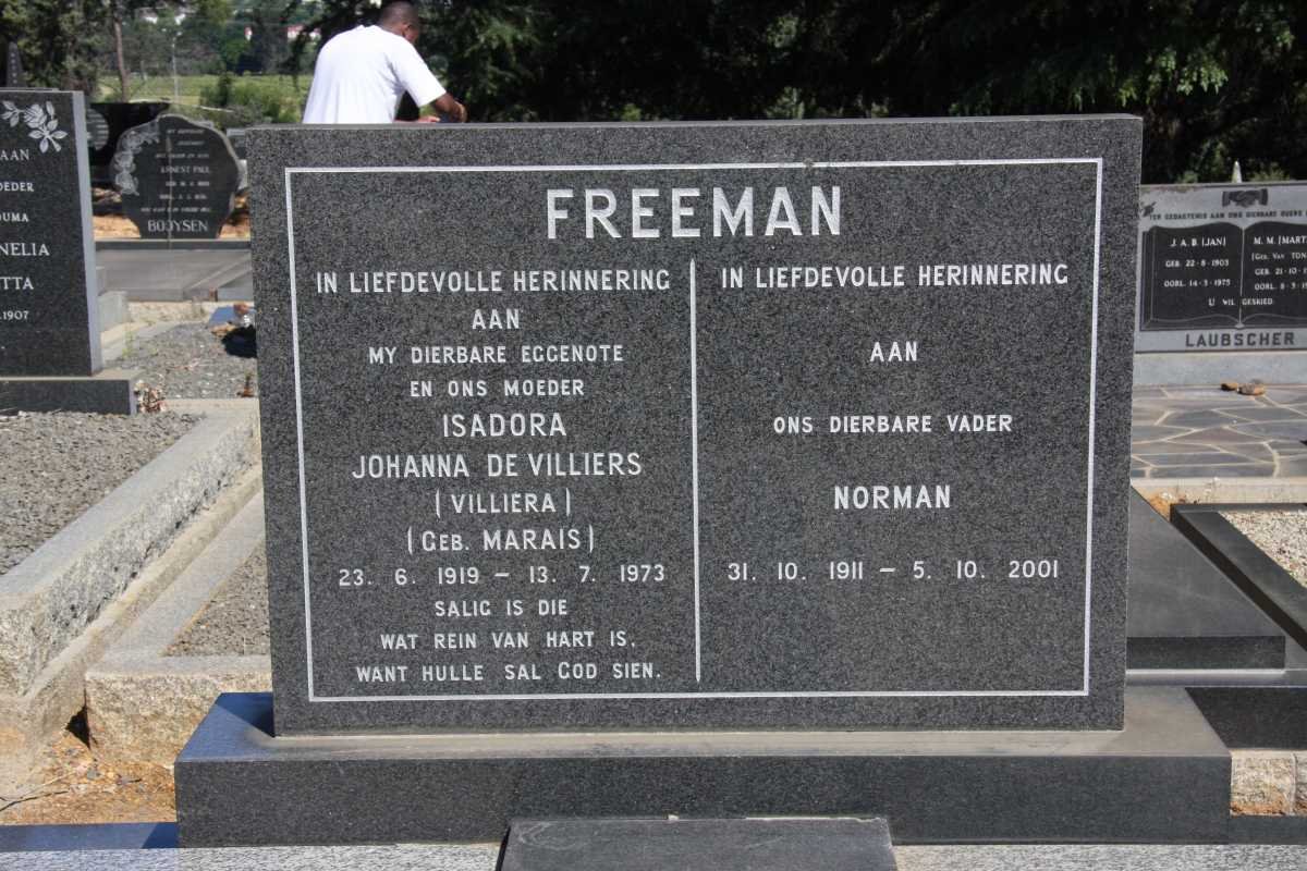 FREEMAN Norman 1911-2001 &amp; Isadora Johanna DE VILLIERS nee MARIAS voorheen VILLIERA 1919-1973