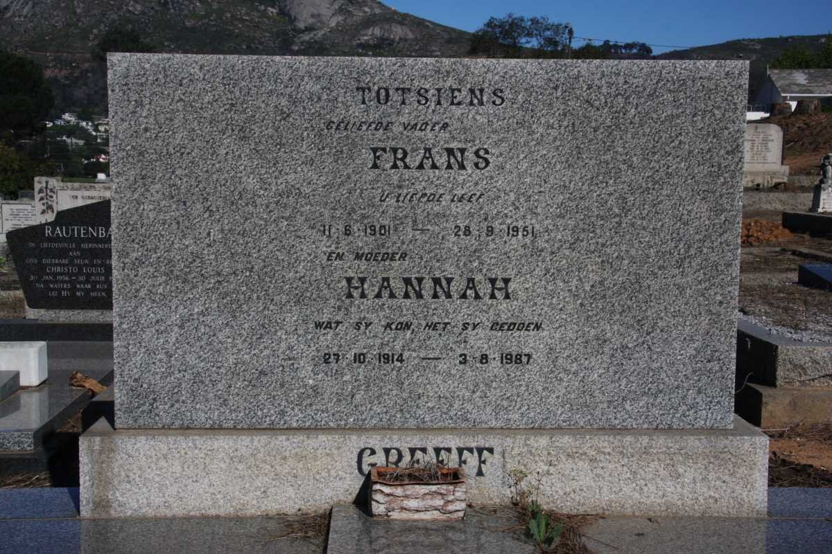 GREEFF Frans 1901-1951 &amp; Hannah 1914-1987