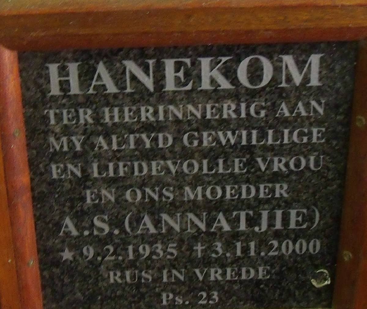 HANEKOM A.S. 1935-2000
