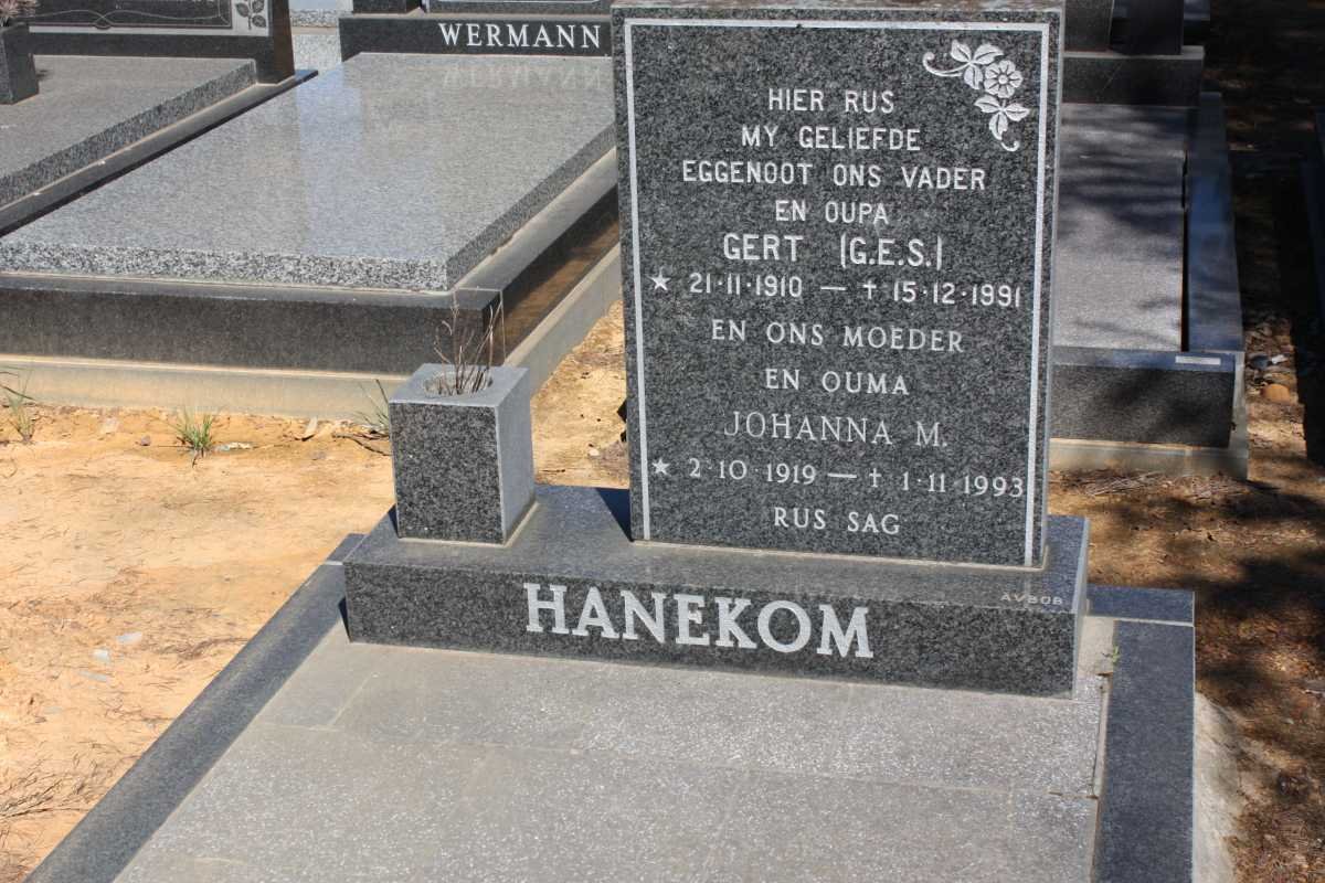 HANEKOM G.E.S. 1910-1991 &amp; Johanna M. 1919-1993