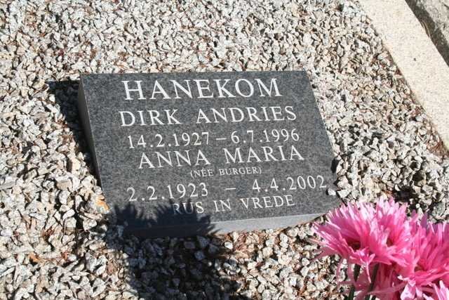 HANEKOM Dirk Andries 1927-1996 &amp; Anna Maria BURGER 1923-2002