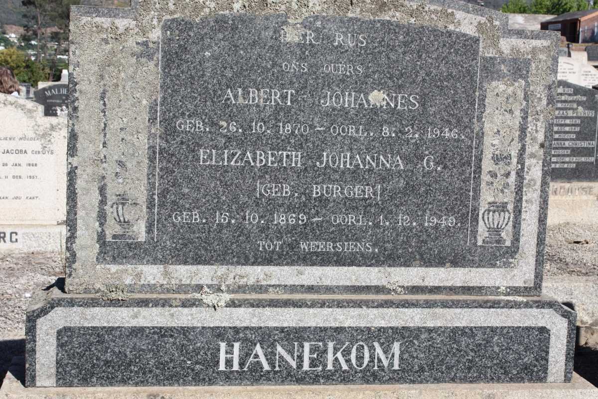 HANEKOM Albert Johannes 1870-1946 &amp; Elizabeth Johanna G. BURGER 1869-1949