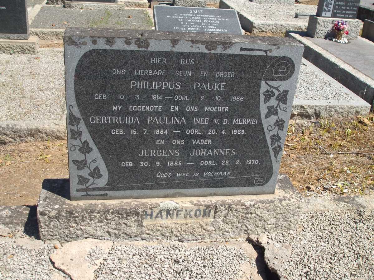 HANEKOM Jurgens Johannes 1885-1970 &amp; Gertruida Pauline V.D.MERWE 1884-1969 :: HANEKOM Philippus Pauke 1914-1966