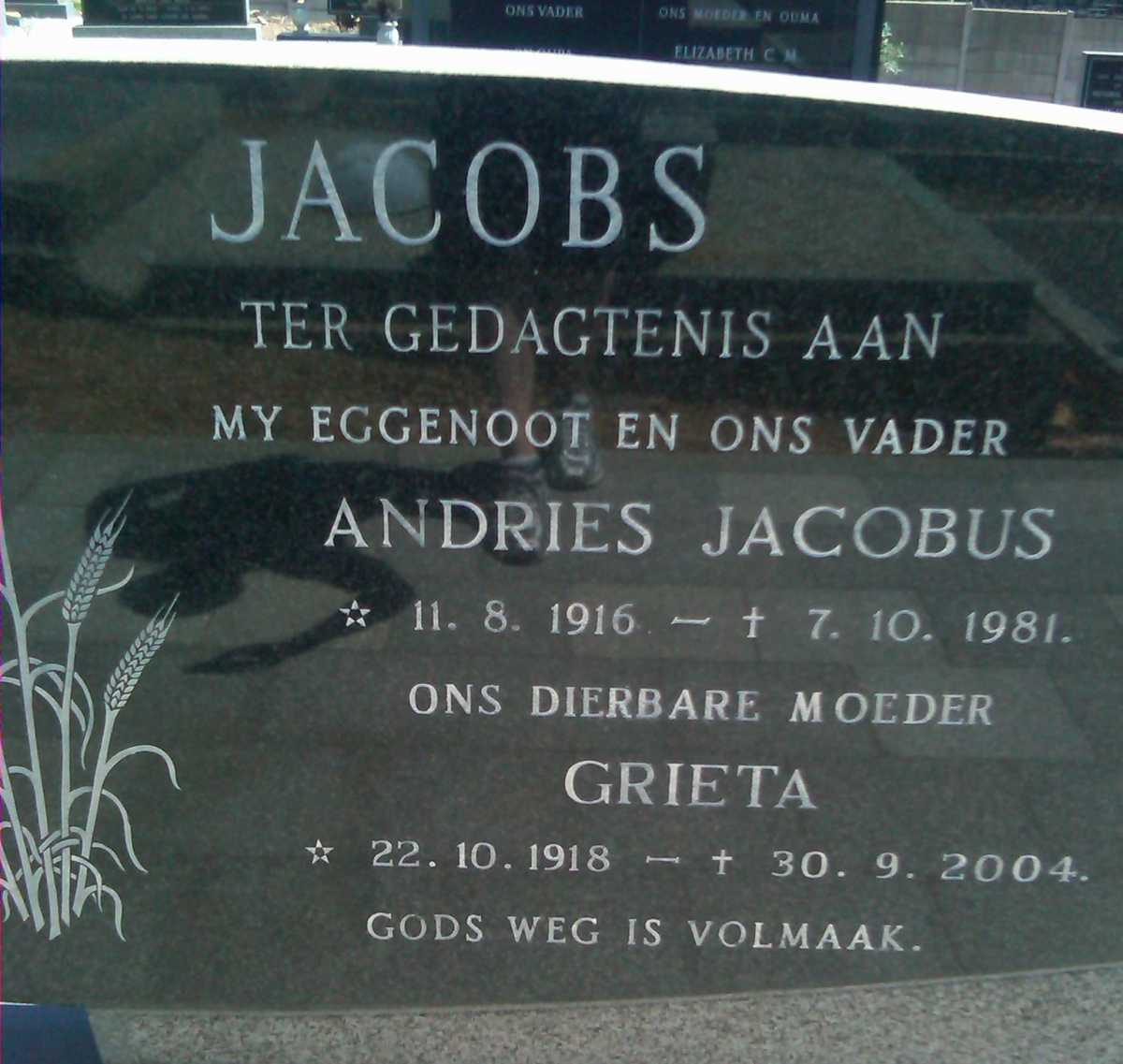 JACOBS Andries Jacobus 1916-1981 &amp; Grieta 1918-2004