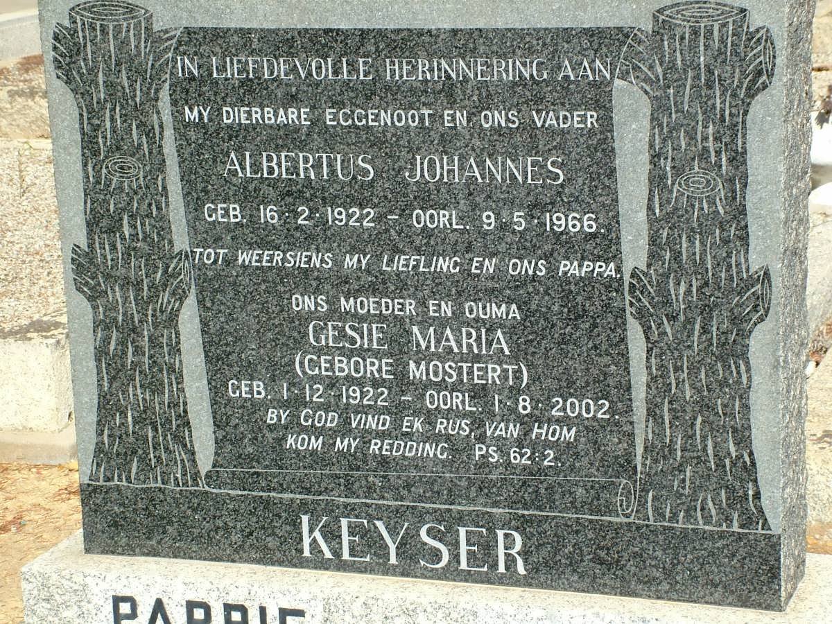 KEYSER Albertus Johannes 1922-1966 &amp; Gesie Maria MOSTERT 1922-2002