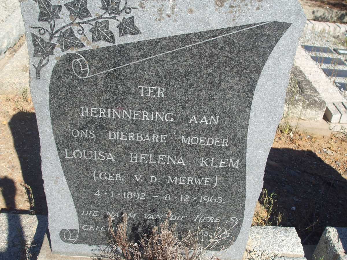 KLEM Louisa Helena nee V.D.MERWE 1892-1963