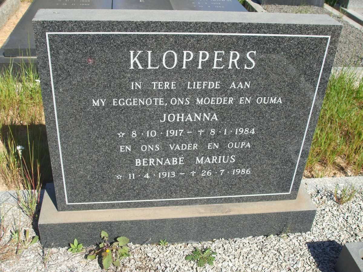 KLOPPERS Bernabe Marius 1913-1986 &amp; Johanna 1917-1984