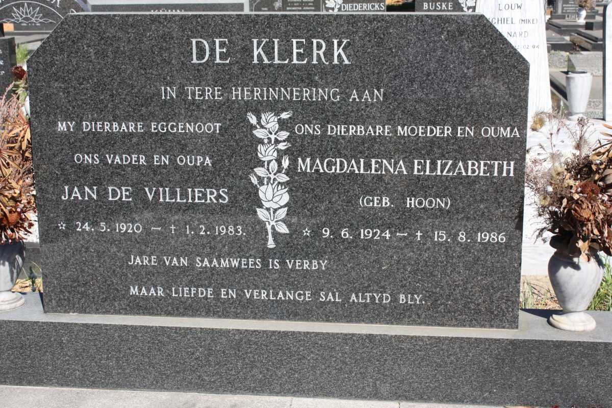 KLERK Jan De Villiers, de 1920-1983 &amp; Magdalena Elizabeth HOON 1924-1986