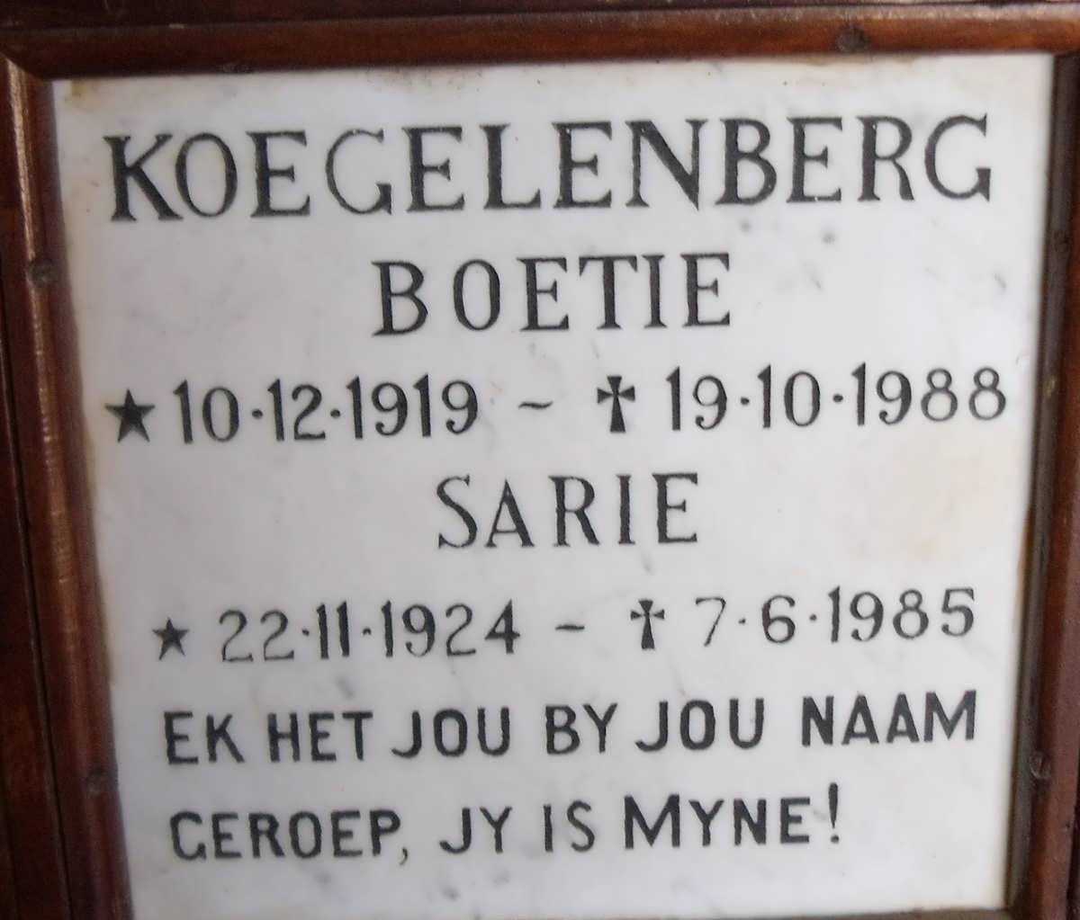 KOEGELENBERG Boetie 1919-1988 &amp; Sarie 1924-1985