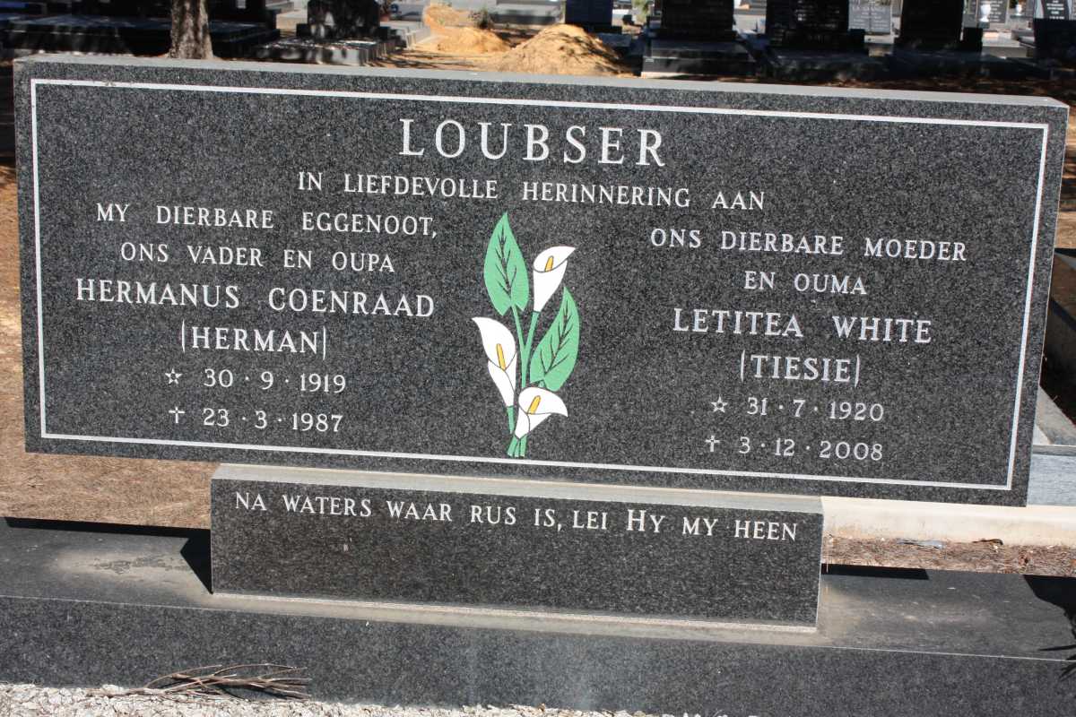LOUBSER Hermanus Coenraad 1919-1987 & Letitea White 1920-2008