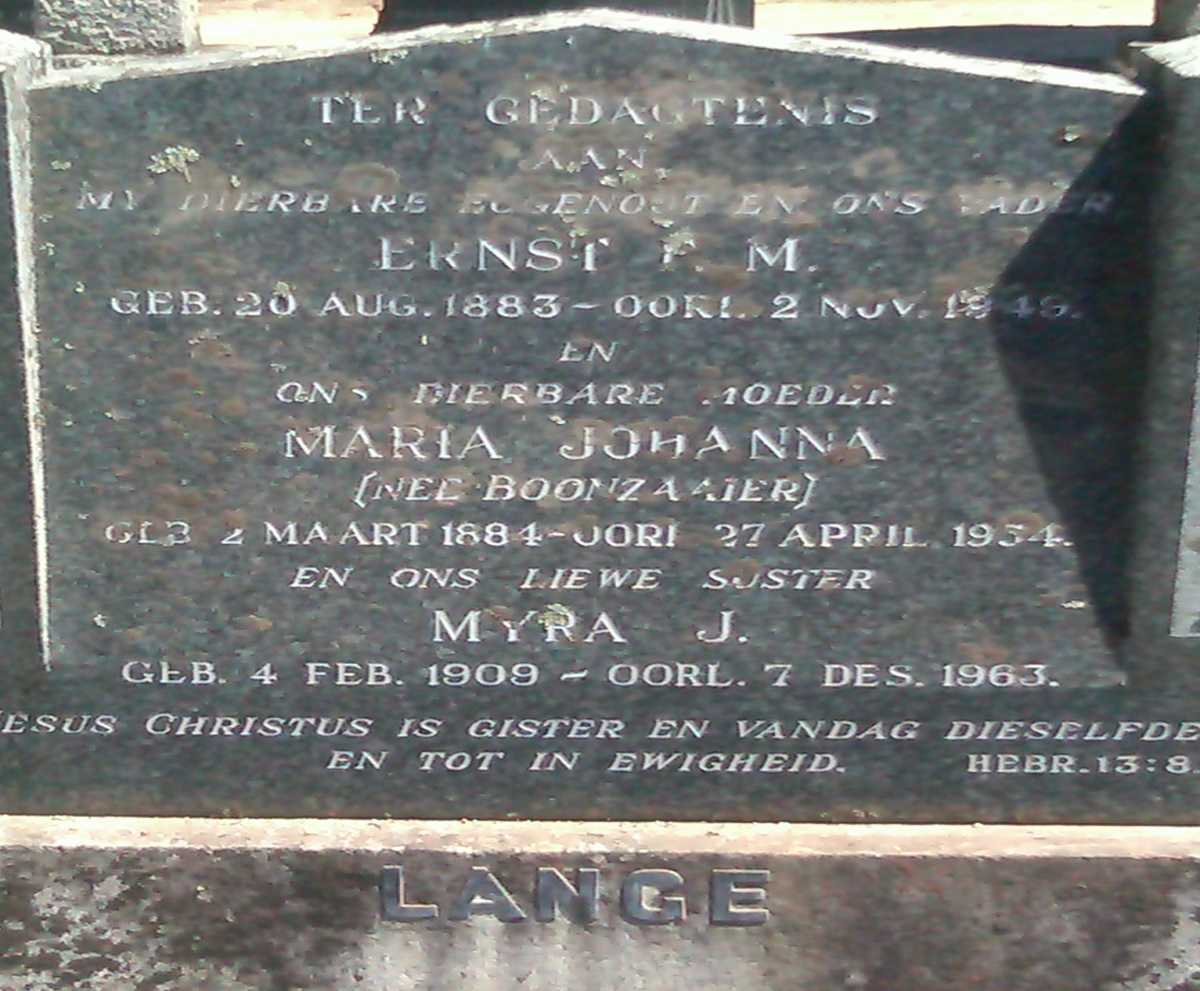 LANGE Ernst F.M. 1883-194? & Myra J. 1909-19?4