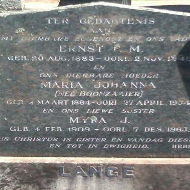 LANGE Ernst F.M. 1883-194? & Myra J. 1909-19?4