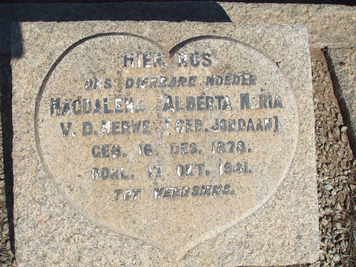 MERWE Magdalena Alberta Maria, V.D. nee JORDAAN 1878-1941