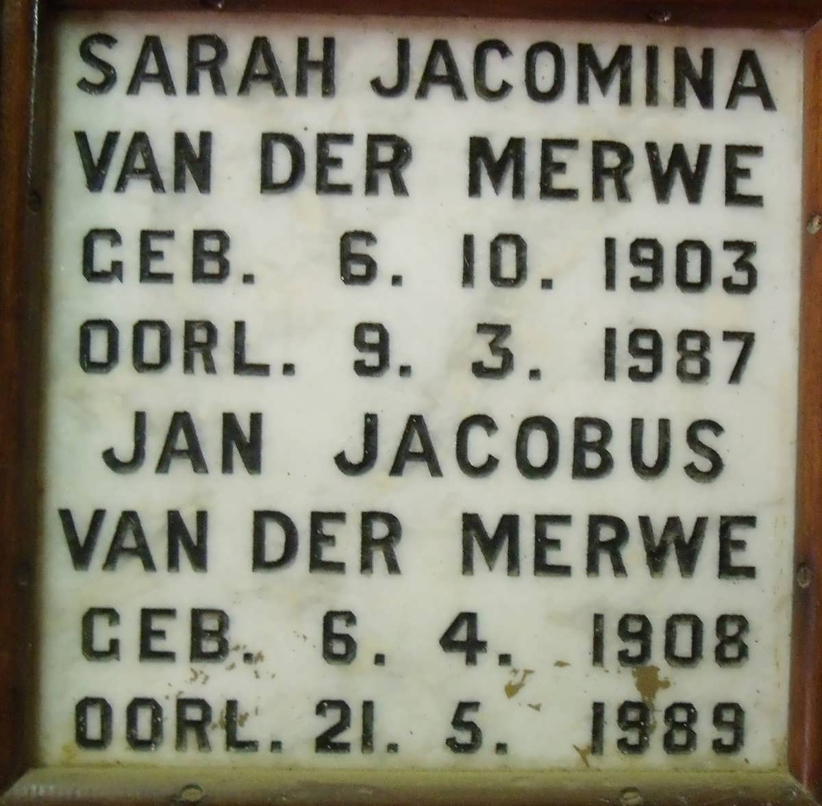 MERWE Jan Jacobus, van der 1908-1989 & Sarah Jacomina 1903-1987