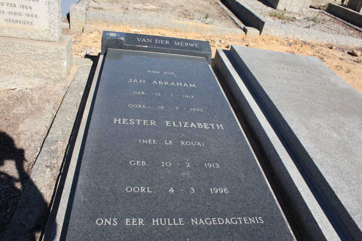 MERWE Jan Abraham, van der 1913-1992 & Hester Elizabeth LE ROUX 1913-1996