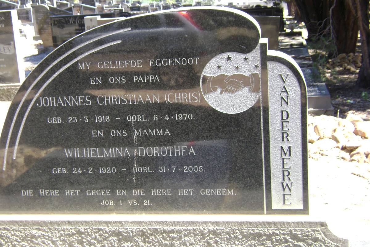MERWE Johannes Christiaan, van der 1916-1970 & Wilhelmina Dorothea 1920-2005 