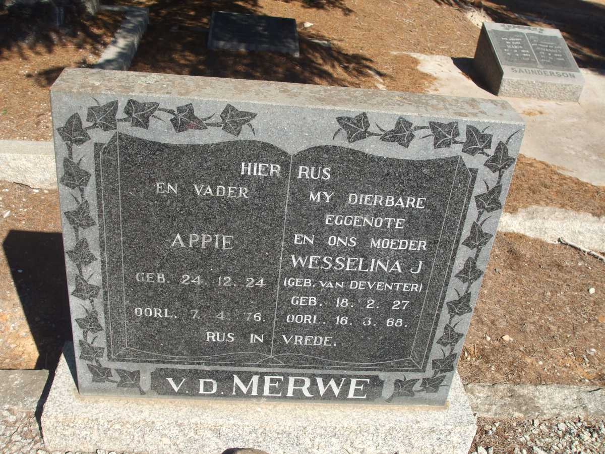 MERWE Apie, V.D. 1924-1976 & Wesselina J. VAN DEVENTER 1927-1968