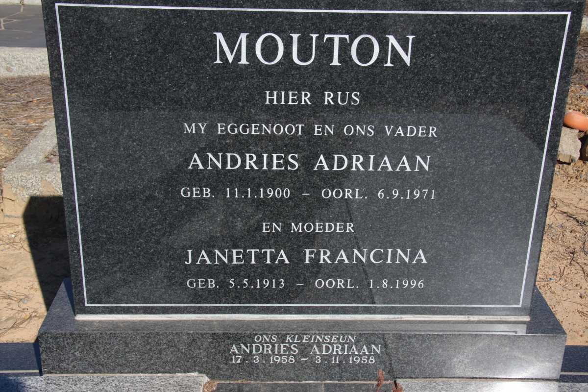 MOUTON Andries Adriaan 1900-1971 & Janetta Francina 1913-1996 :: MOUTON Andries Adriaan 1958-1958