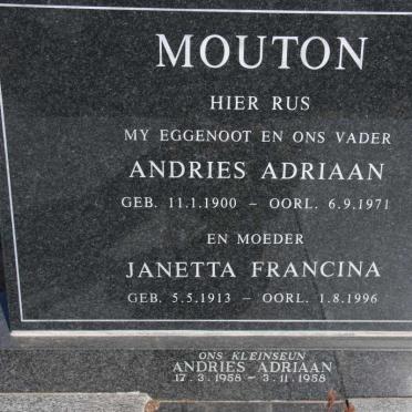 MOUTON Andries Adriaan 1900-1971 & Janetta Francina 1913-1996 :: MOUTON Andries Adriaan 1958-1958
