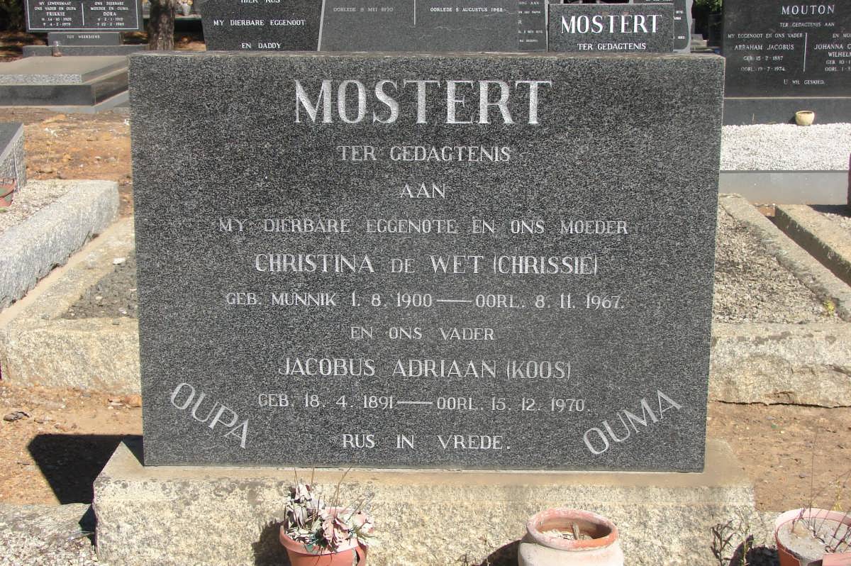 MOSTERT Jacobus Adriaan 1891-1970 & Christina De Wet MUNNIK 1900-1967