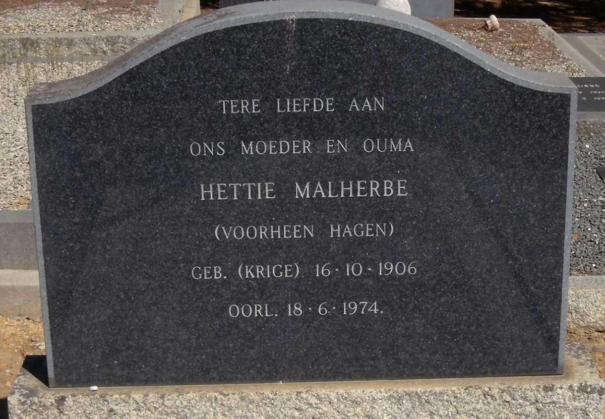 MALHERBE Hettie voorheen HAGEN nee KRIGE 1906-1974