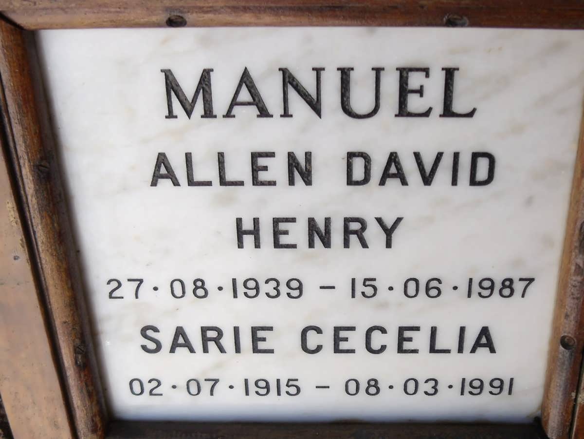 MANUEL Allen David Henry 1939-1987 Sarie Cecelia 1915-1991
