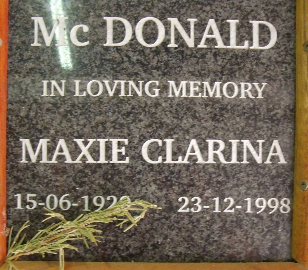 McDONALD Maxie Clarina 1920-1998