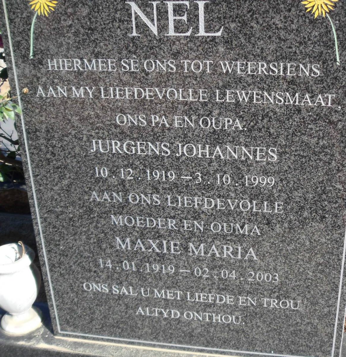 NEL Jurgens Johannes 1919-1999 &amp; Maxie Maria 1919-2003
