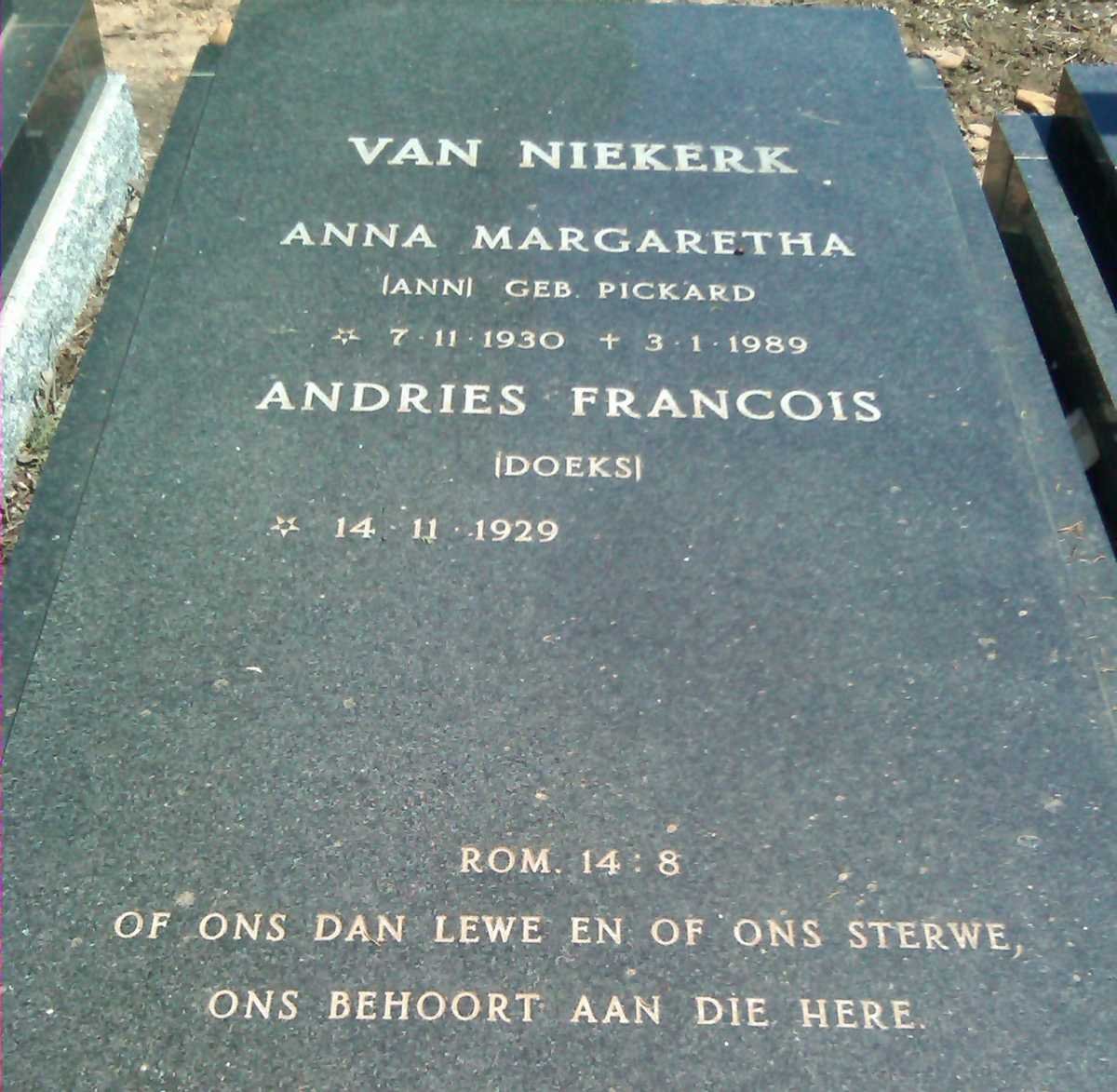 NIEKERK Andries Francois, van 1929- &amp; Anna Margaretha PICKARD 1930-1989