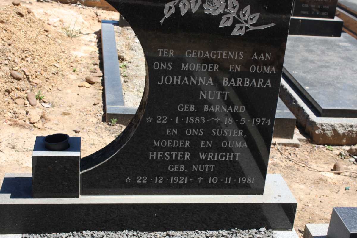 NUTT Johanna Barbara nee BARNARD 1883-1974 :: WRIGHT Hester nee NUTT 1921-1981
