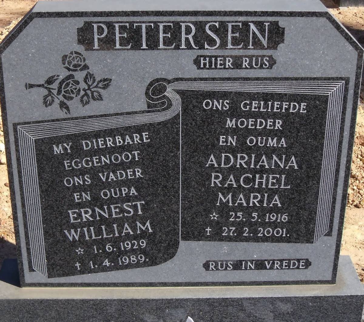PETERSEN Ernest William 1929-1989 &amp; Adriana Rachel Maria 1916-2001