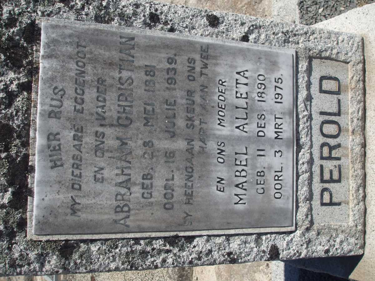 PEROLD Abraham Christian 1881-1939 &amp; Mabel Alleta 1890-1975