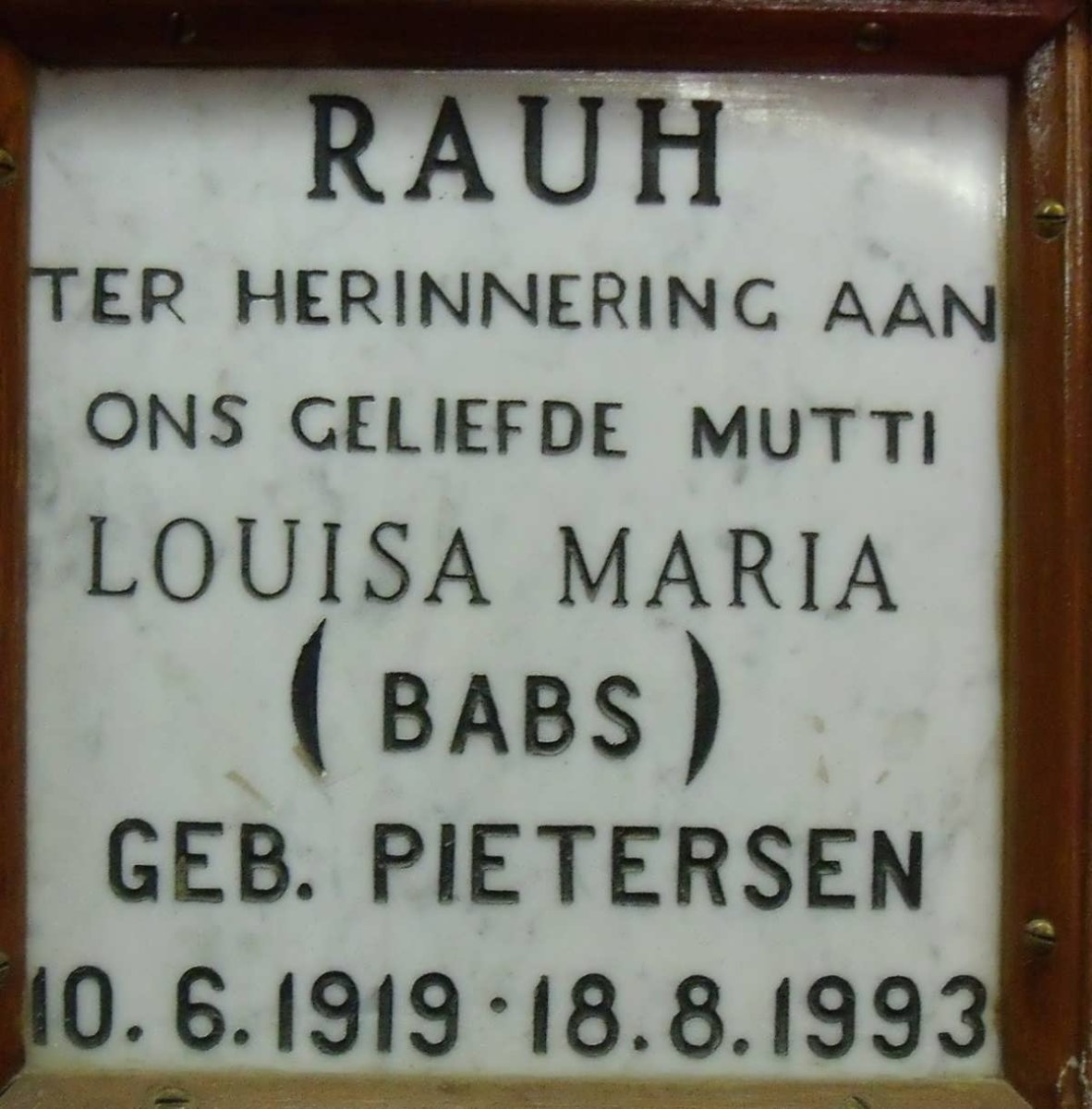 RAUH Louisa Maria nee PIETERSEN 1919-1993