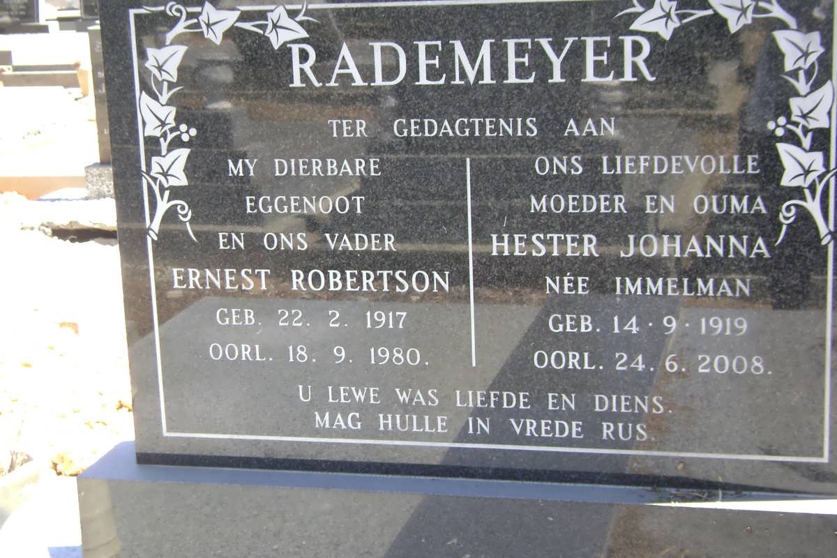 RADEMEYER Ernest Robertson 1917-1980 &amp; Hester Johanna IMMELMAN 1919-2008