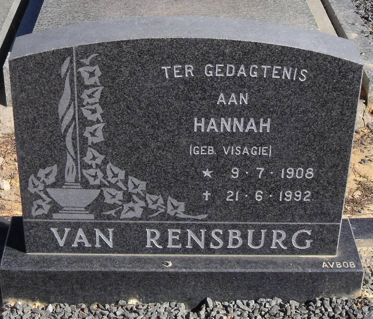 RENSBURG Hannah, van nee VISAGIE 1908-1992